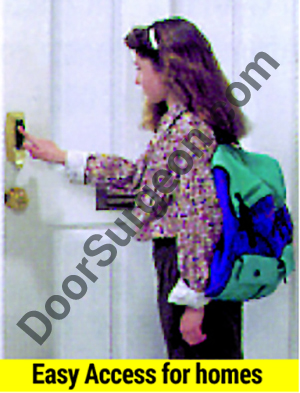 Young girl using a pushbutton entry system to get into her home after school Chestermere.